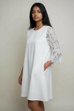 NWT Umgee Knee Length Swing Dress Women's Lg White Lace Bell Sleeves Boho Fairy